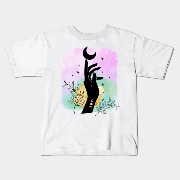 Goddess Hand and moon with watercolor background Kids T-Shirt by artofstacy